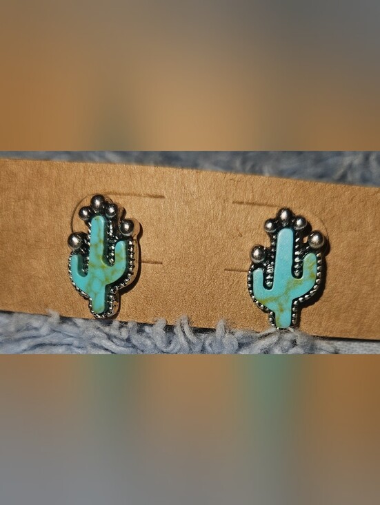 Jewelry - Turquoise Cactus With Silver-Tone Stud Earrings -